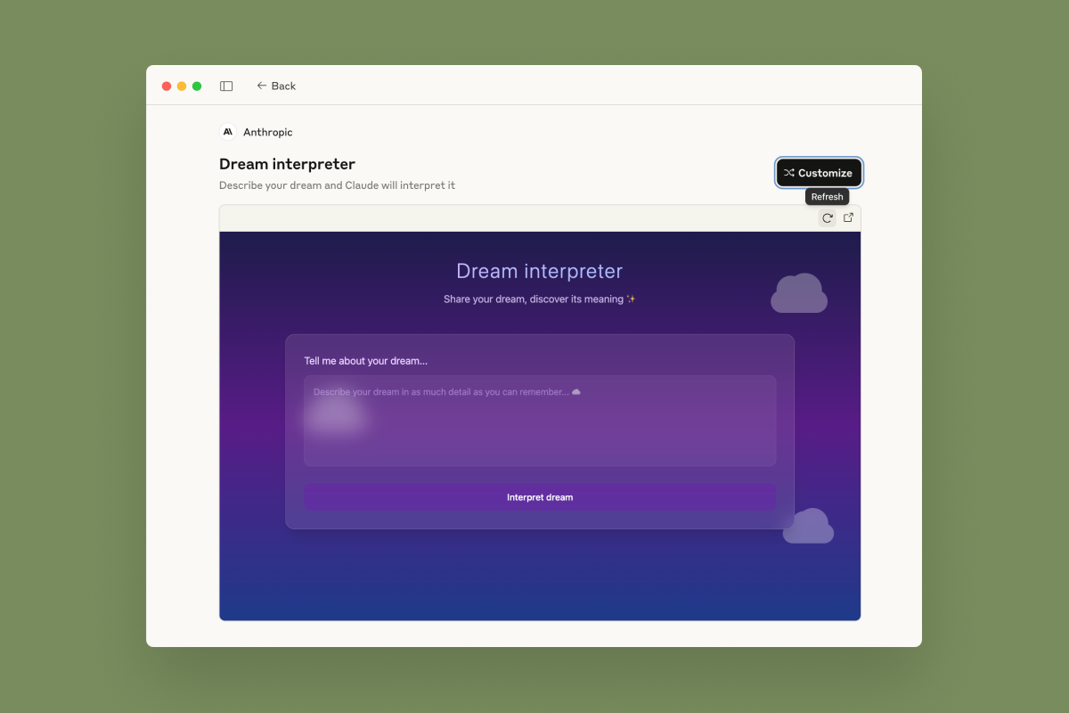 Dream Interpreter - Claude Artifact Screenshot
